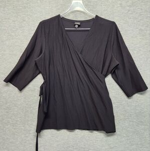 Eileen fisher classic black wrap blouse womens XL preppy chic casual lightweight